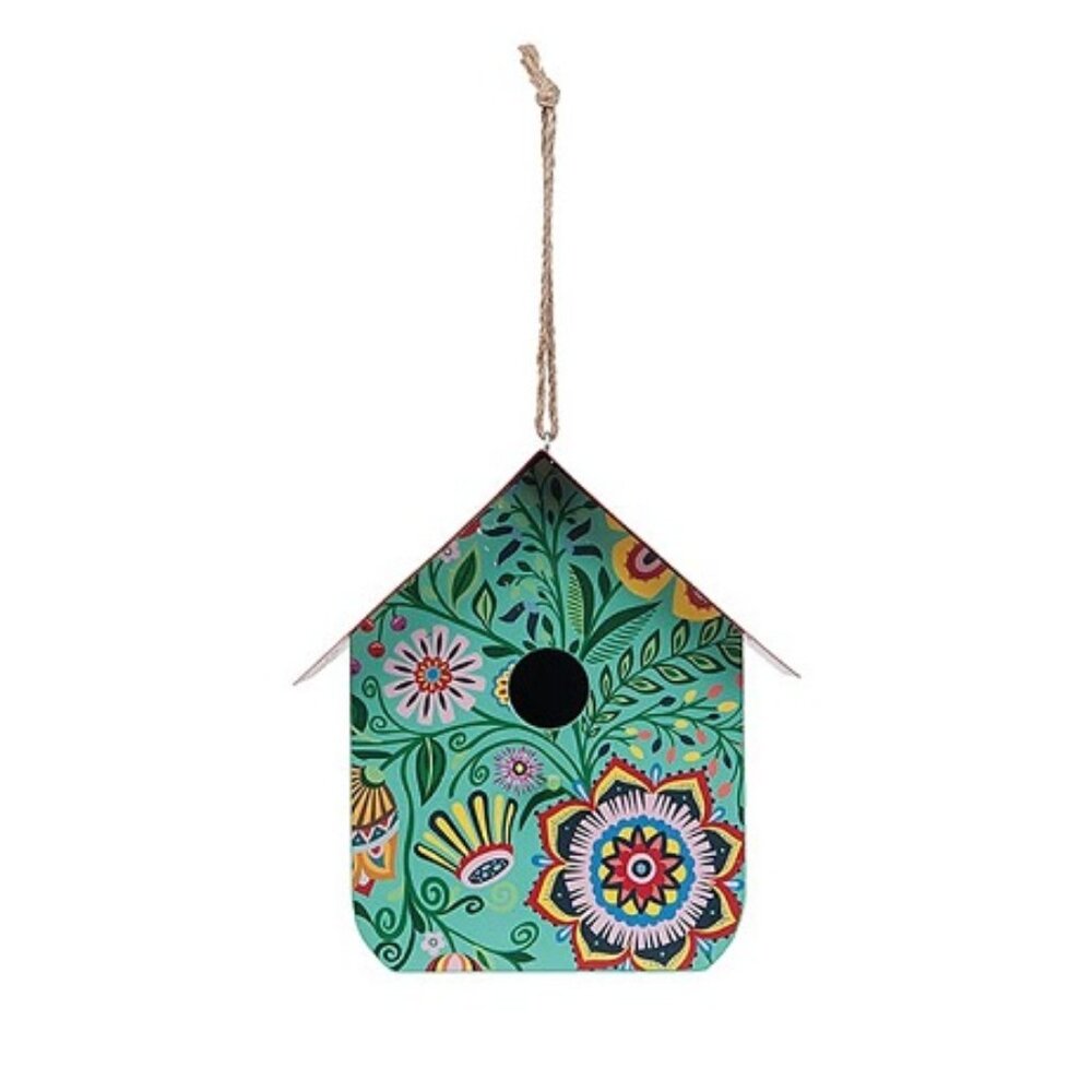 Riviera Floral Teal Metal Wood Birdhouse
